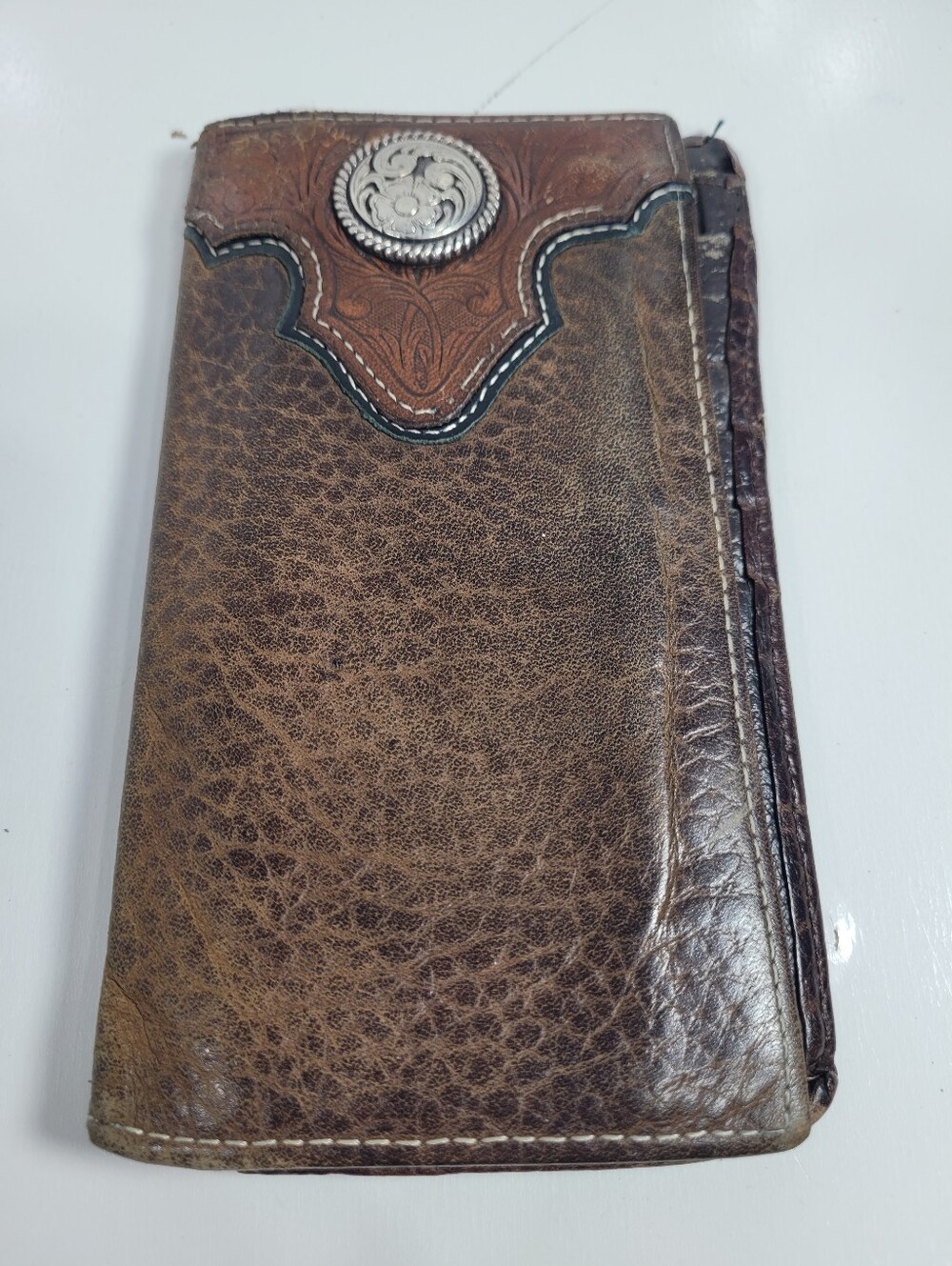 Ariat Mens Brown Leather Rodeo Wallet Western Tooled Overlay Silver Concho Tall